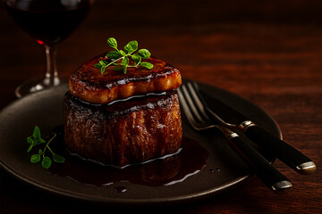 A luxurious plated dish featuring a perfectly seared filet mignon topped with golden pan-seared foie gras, garnished with rosemary and a drizzle of rich red wine reduction.