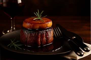 Luxury filet mignon with foie gras and rosemary on black slate plate