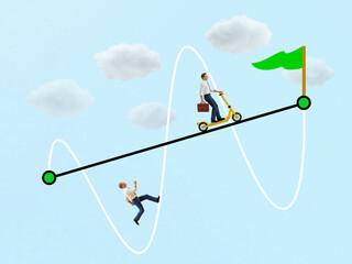 Miniature business on scooter uphill, one falls from sine wave in sky, Navigating Ups and Downs on the Path to Success