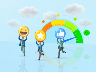 Miniature Business carry emojis in front of colorful approval gauge, Running Toward High Satisfaction and Positive Feedback