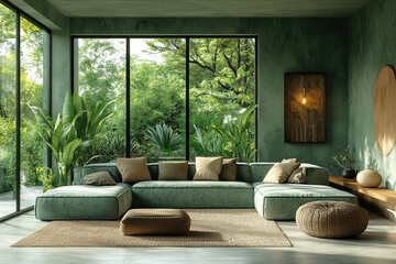 Modern green homr interior with green wall and large windows, living room and sofa, indoor plants, and natural light overlooking lush garden in summer, nature and eco design concept