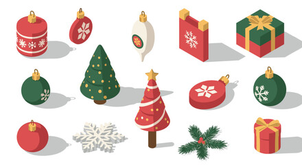 Isometric christmas decorations: festive ornaments, trees, gifts, and seasonal designs
