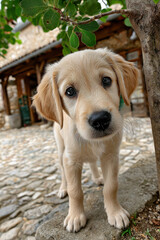Adorable golden retriever puppy exploring outdoors on cobblestone path, cute pet portrait