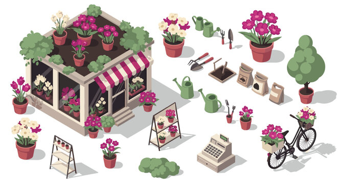 Charming isometric flower shop with tools and decor elements