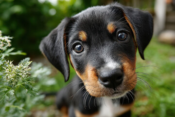 Curious black and tan puppy in lush green garden setting, face of cute pet dog