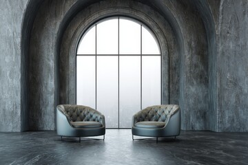 Two upholstered chairs stand within a grand arched hallway.