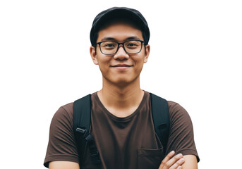 Young asian man with glasses and backpack smiling isolated on transparent background