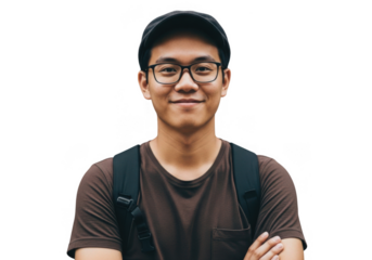 Young asian man with glasses and backpack smiling isolated on transparent background