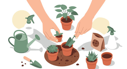 Hands-on gardening with potted plants and tools in a flat style