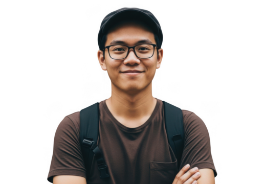 Young asian man with glasses and backpack smiling isolated on transparent background
