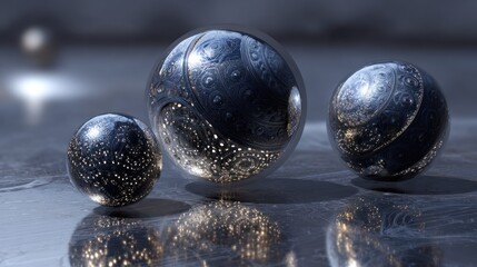 Ornate silver spheres reflective surface