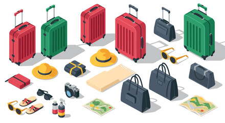 Isometric travel essentials: luggage, accessories, and maps for holiday adventures