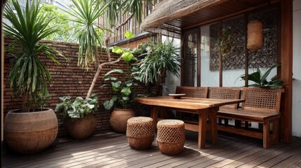Outdoor patio with wooden furniture plants
