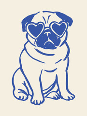 Pug dog in heart sunglasses minimalist sketch vector illustration