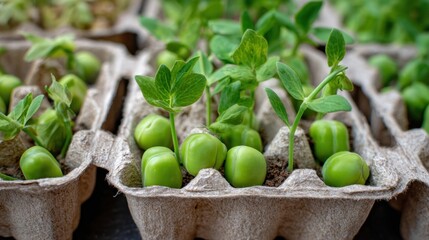 Pea seedlings growing in cardboard containers