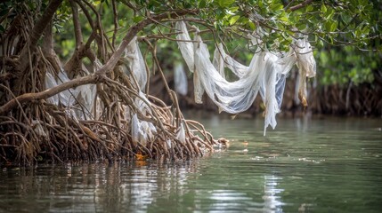 Plastic bags entangled in mangrove tree branches over water, showing pollution damage