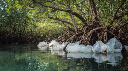 Plastic waste washes up in an overgrown river inlet surrounded by mangrove roots and trees