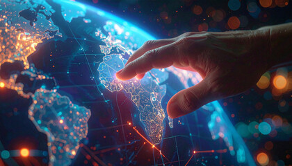 Obraz premium Global Connection: A human hand gently interacts with a vibrant, illuminated globe, symbolizing interconnectedness, technology, and the digital age.