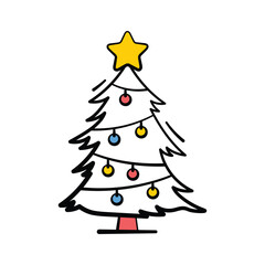Decorated Christmas tree with star on top, festive holiday symbol, hand drawn icon