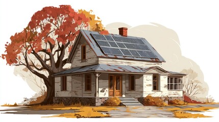 Quaint old farmhouse with solar panels on the roof, surrounded by autumn foliage