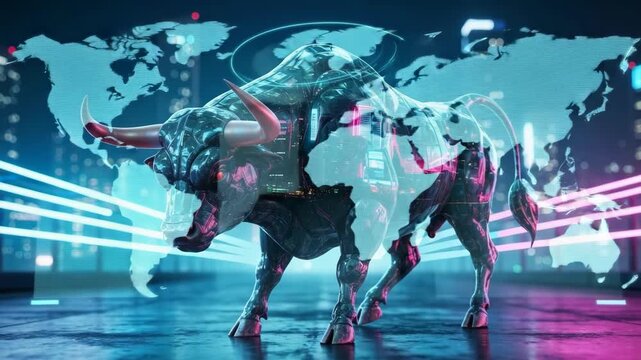 A futuristic metallic bull, superimposed on a digital world map, stands in a neon-lit city