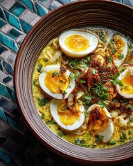 Ramen bowl with soft boiled eggs and herbs