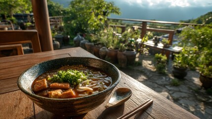 Ramen bowl on wooden table with scenic view
