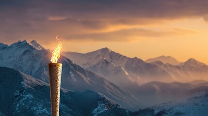 Fototapeta premium Olympic Torch in Mountain Landscape at Sunset. Concept for the Winter Sports 2026 in Italy.