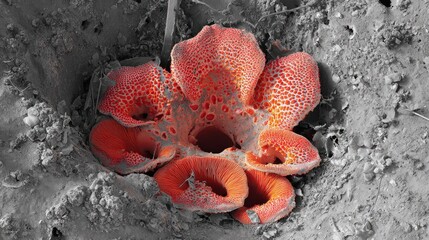 Red, textured flower with a porous center, surrounded by monochrome textured ground