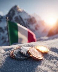  Italian Flag and Sports Medals in Snowy Mountains. Concept for the 2026 Winter Olympics Games. 