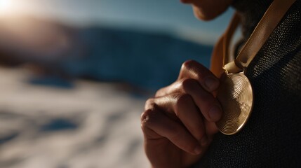 Athlete Holding Gold Medal in Snowy Mountains. Concept for the Olympic Winter Sports 2026 in Italy.