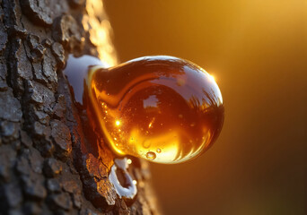 An abstract macro shot of a glowing amber-colored tree resin drop on pine bark, beautifully backlit by the sunset or sunrise