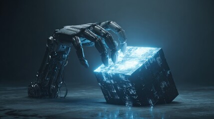 Robot hand interacting with glowing cube