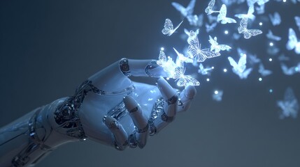 Robot hand releasing glowing butterflies
