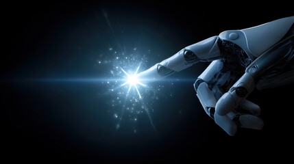 Robot hand touching glowing light burst