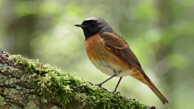 A vibrant male common redstart bird with orange-red breast perched on a mossy branch, then takes flight from a sunlit forest with bokeh effect. Authentic wildlife observation