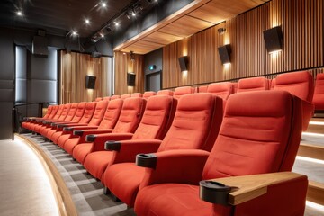 Modern cinema interior with red plush seating