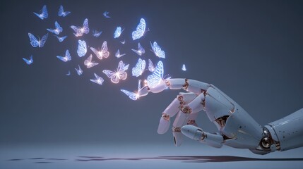 Robotic hand releasing butterflies digital art