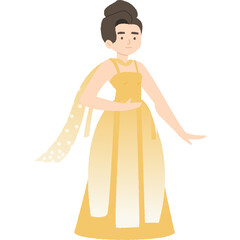 Stylized illustration of a woman in a flowing golden yellow sleeveless gown with a sheer patterned scarf draped over her shoulder in a graceful pose against a transparent background