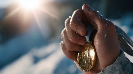 Hand Holding Olympic Gold Medal in Sunlight. Concept for the Winter Sports 2026 in Italy.