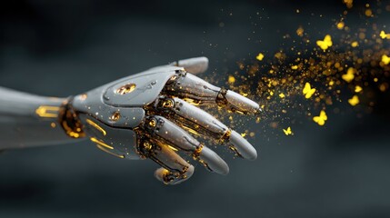 Robotic hand releasing golden particles