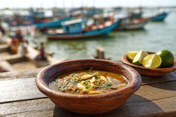 Seafood soup in bowl near fishing boats