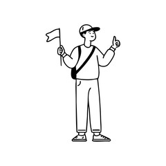 A cheerful tour guide holding a flag and giving directions, symbolizing travel guidance, exploration, and tourism experience.