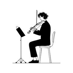 Naklejka premium Musician playing violin seated with a music stand, representing classical performance, orchestra training, and dedication to art.