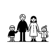 Happy family of four standing and smiling together, representing love, parenting, and domestic happiness.