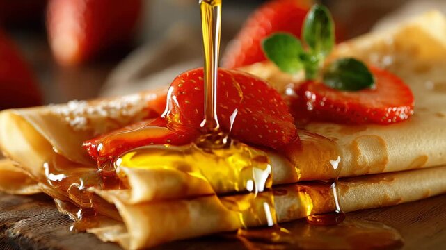Enjoy fresh strawberry crepes drizzled with syrup, perfect for a relaxing breakfast