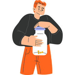 Man with Red Hair Wearing a Dark T Shirt and Orange Pants Holding a Glass Jar with Coins and a Blue Lid Transparent Background