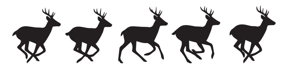 Set of deer silhouettes in motion isolated on white background. silhouette Deer. Vector illustration.