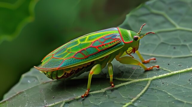 Close-up macro photo of a green leafhopper insect resting on a leaf, detailed texture of wings with water droplets, macro photography of green cicadellidae bug in nature, leaf insect macro background