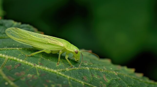 Close-up macro photo of a green leafhopper insect resting on a leaf, detailed texture of wings with water droplets, macro photography of green cicadellidae bug in nature, leaf insect macro background